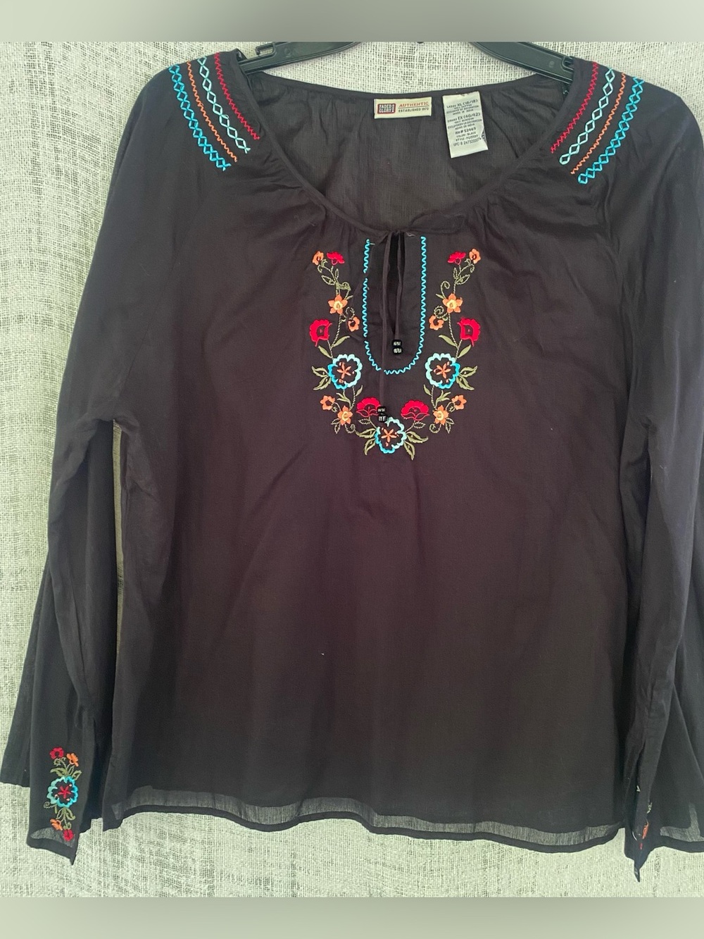 Faded Glory Black Peasant Blouse with Multicolor Floral Embroidery Size XL